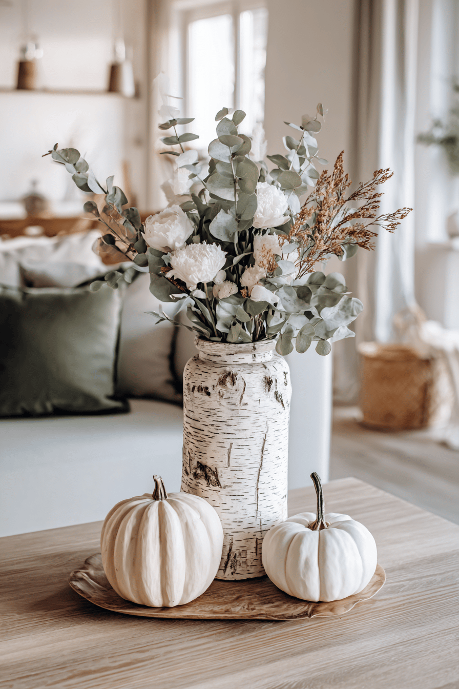 Vase mit Birkenrinde, Eukalyptus und Blumen auf Holztisch mit Kürbissen.
