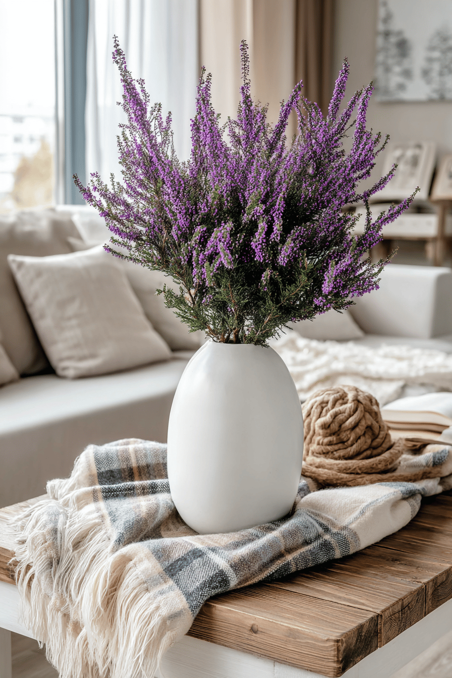 Weiße Vase mit lila Heidekraut auf einem Holztisch, dekoriert mit einem karierten Tuch.