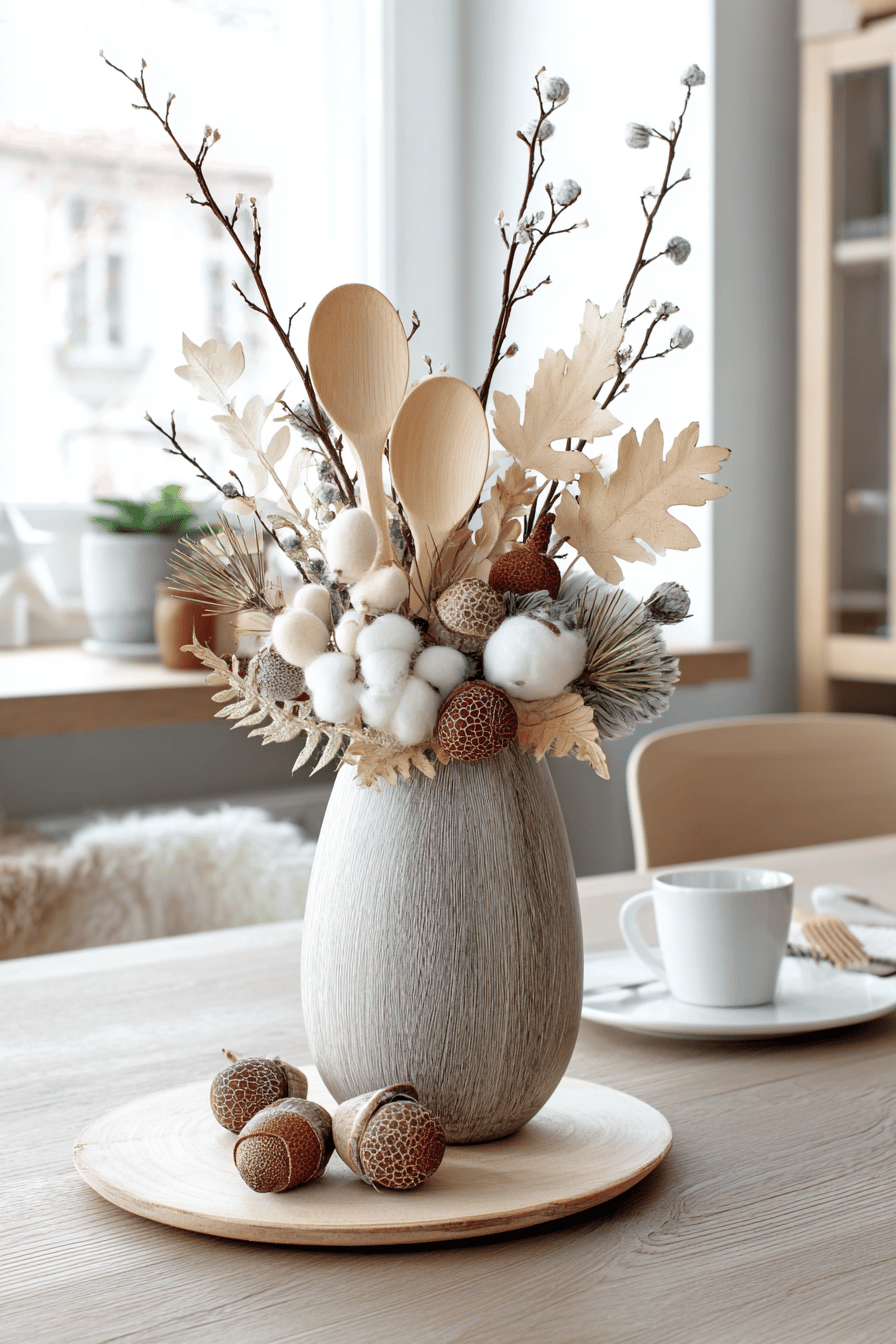DIY-Vase mit Holzlöffeln und herbstlicher Dekoration auf einem Holzteller.