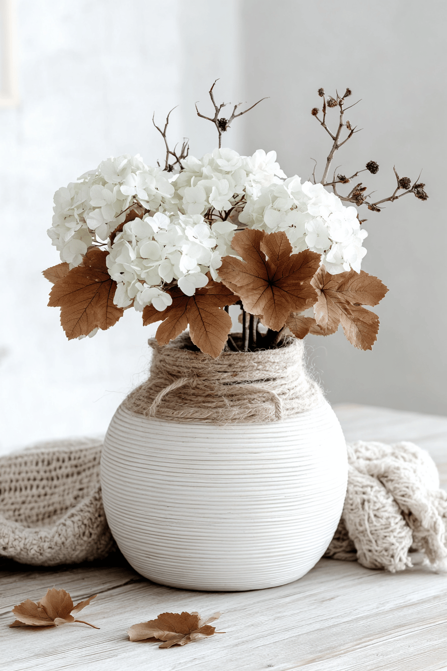 Weiße Vase mit weißen Hortensien und braunen Blättern dekoriert, umhüllt von Jute.