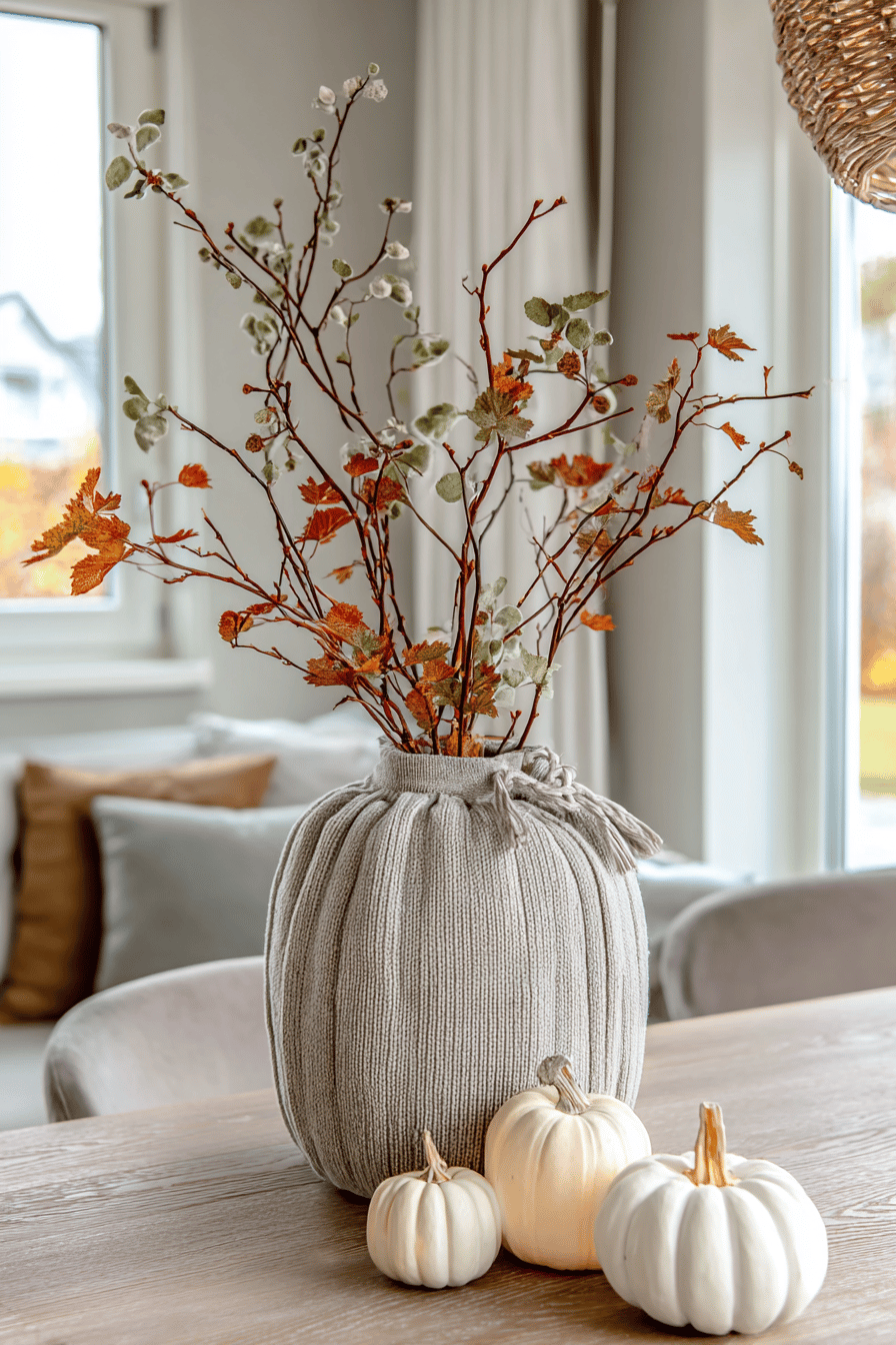 Vase umhüllt mit einem gestrickten Überzug und Herbstzweigen, umgeben von weißen Kürbissen.
