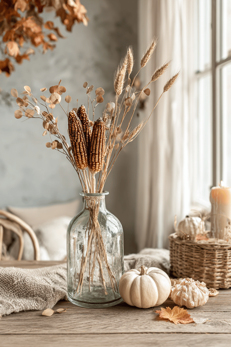 Glasvase mit Maiskolben und Weizen auf einem Holztisch, umgeben von Kürbissen und Herbstdekoration.