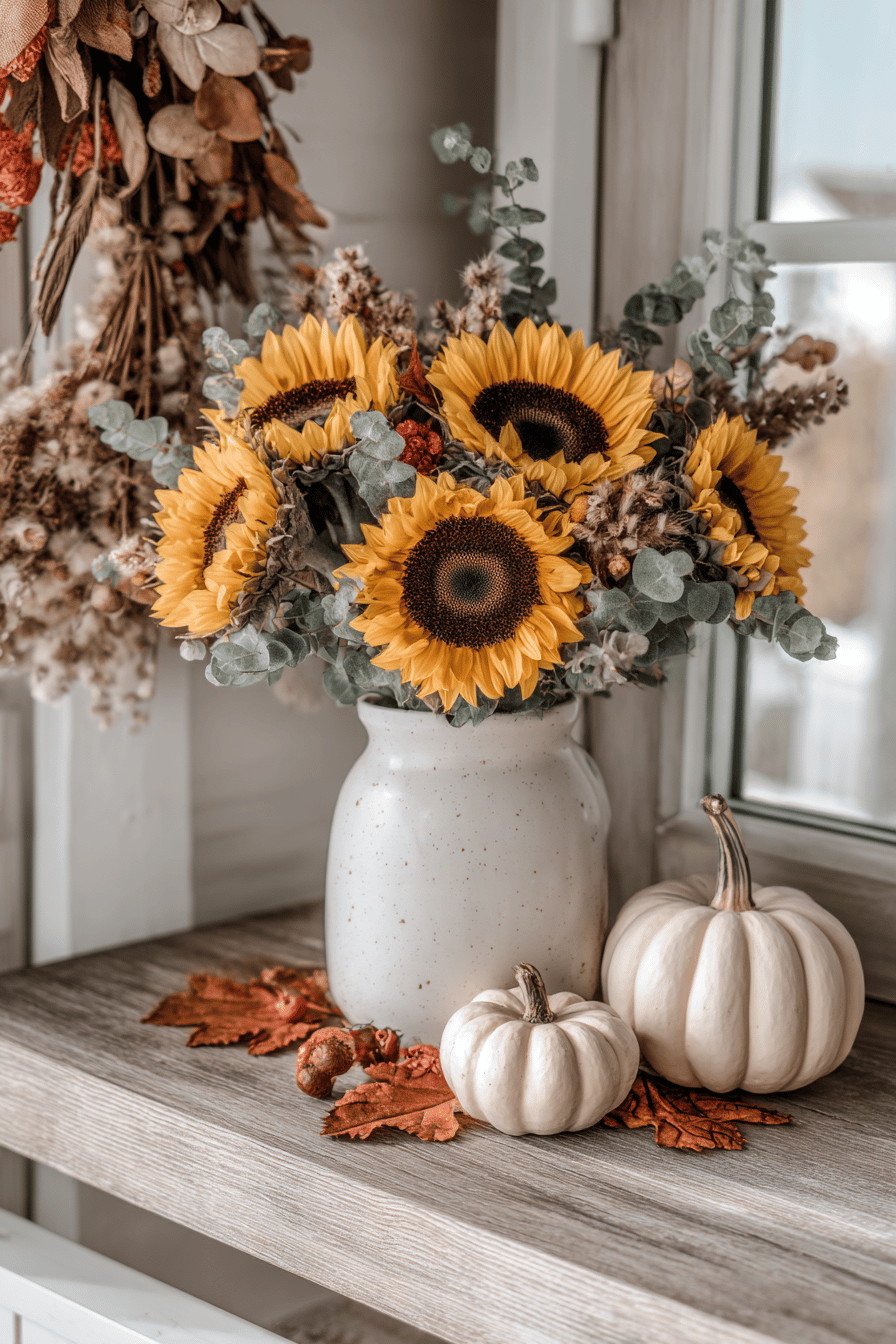 Eine Vase mit Sonnenblumen, umgeben von kleinen Kürbissen und Herbstblättern auf einem Tisch.
