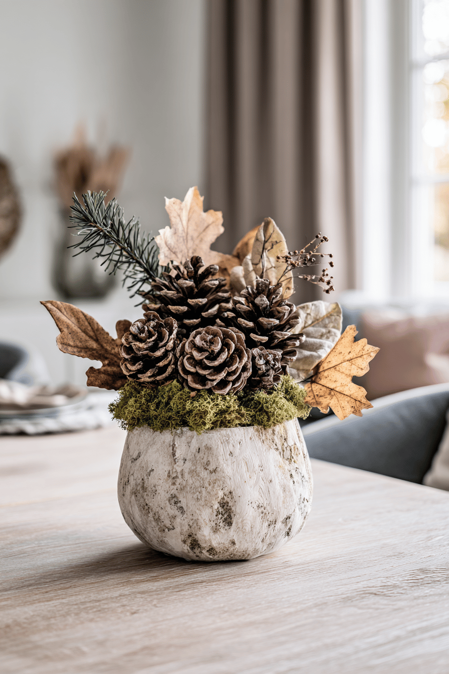 Rustikale Vase mit Tannenzapfen, Moos und Herbstblättern auf einem Holztisch.