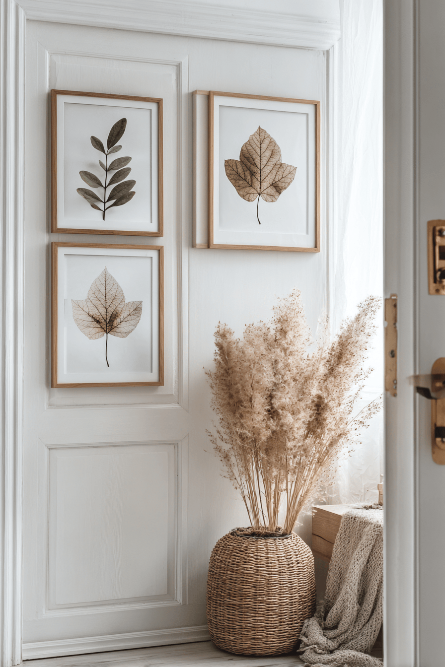 Elegante Herbstblätter in gerahmten Wandbildern und eine Vase mit getrocknetem Pampasgras als moderne Herbstdeko.