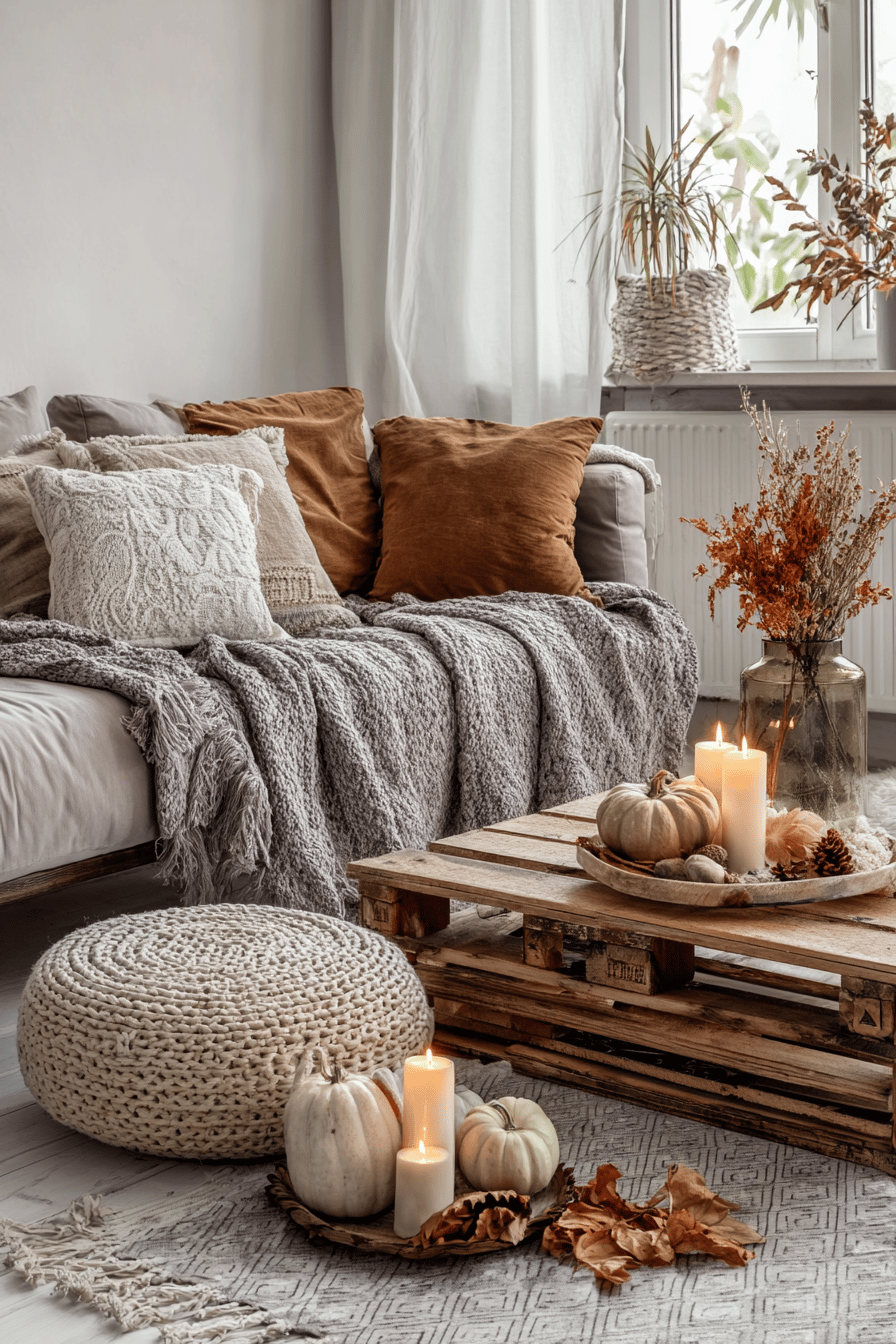 Ein gemütlich dekoriertes Wohnzimmer mit Herbstakzenten wie Kürbissen, Kerzen und einer Strickdecke.