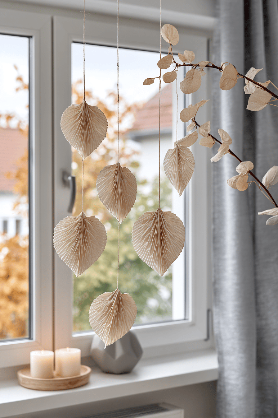 Fensterdeko mit hängenden Origami-Herbstblättern und Kerzen.