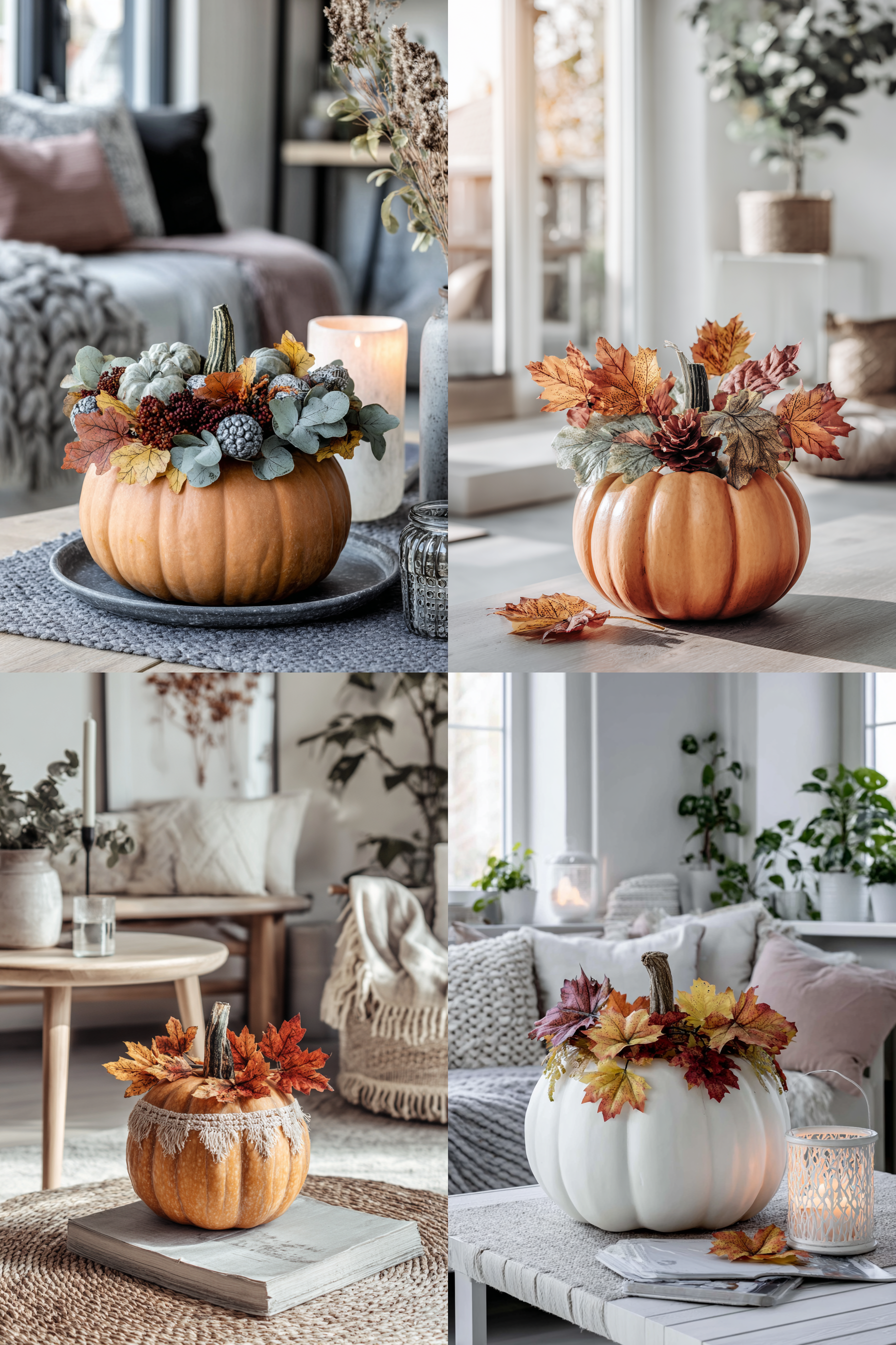 Kürbisse dekoriert mit bunten Herbstblättern und Pflanzen, in gemütlichen Räumen arrangiert.