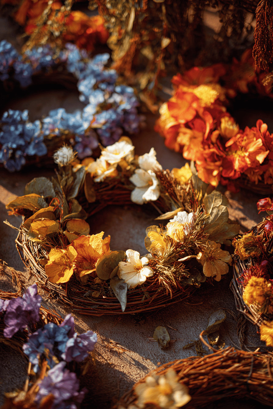Bunte Herbstkränze mit getrockneten Blumen auf einer rustikalen Oberfläche.