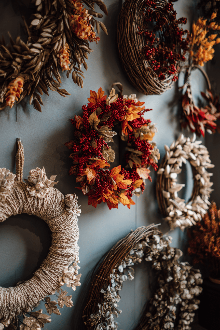 Verschiedene herbstliche Kränze an einer Wand.
