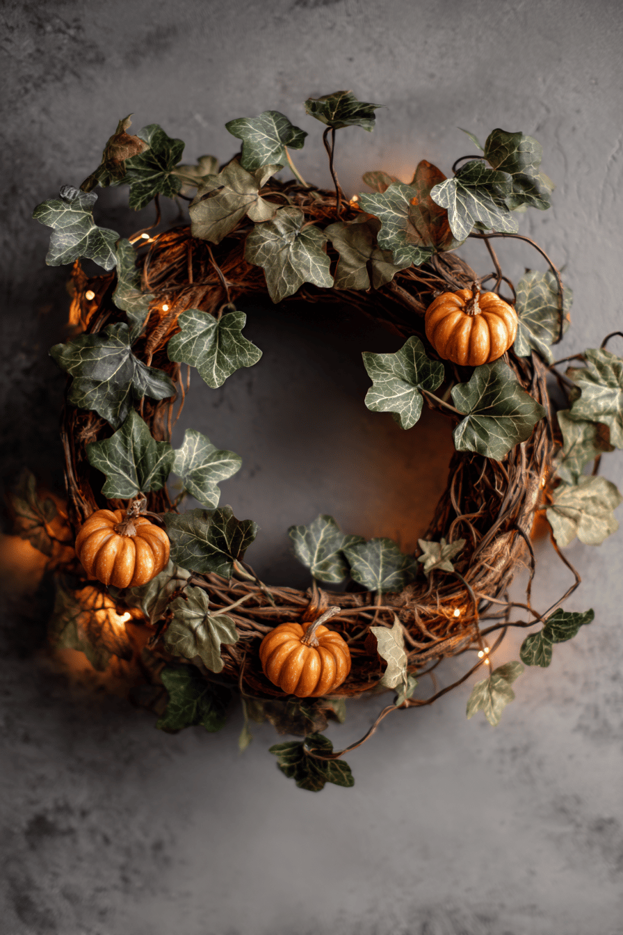 Ein dekorativer Herbstkranz mit Efeuranken, kleinen Kürbissen und Lichtern auf einem grauen Hintergrund.