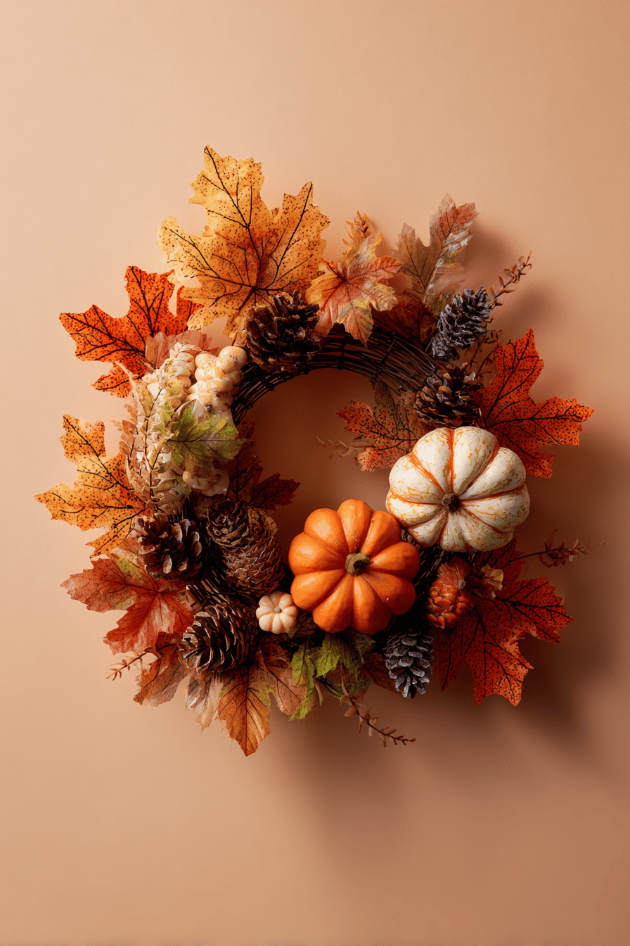 Ein Herbstkranz mit orangefarbenen und weißen Kürbissen, Tannenzapfen und bunten Herbstblättern.