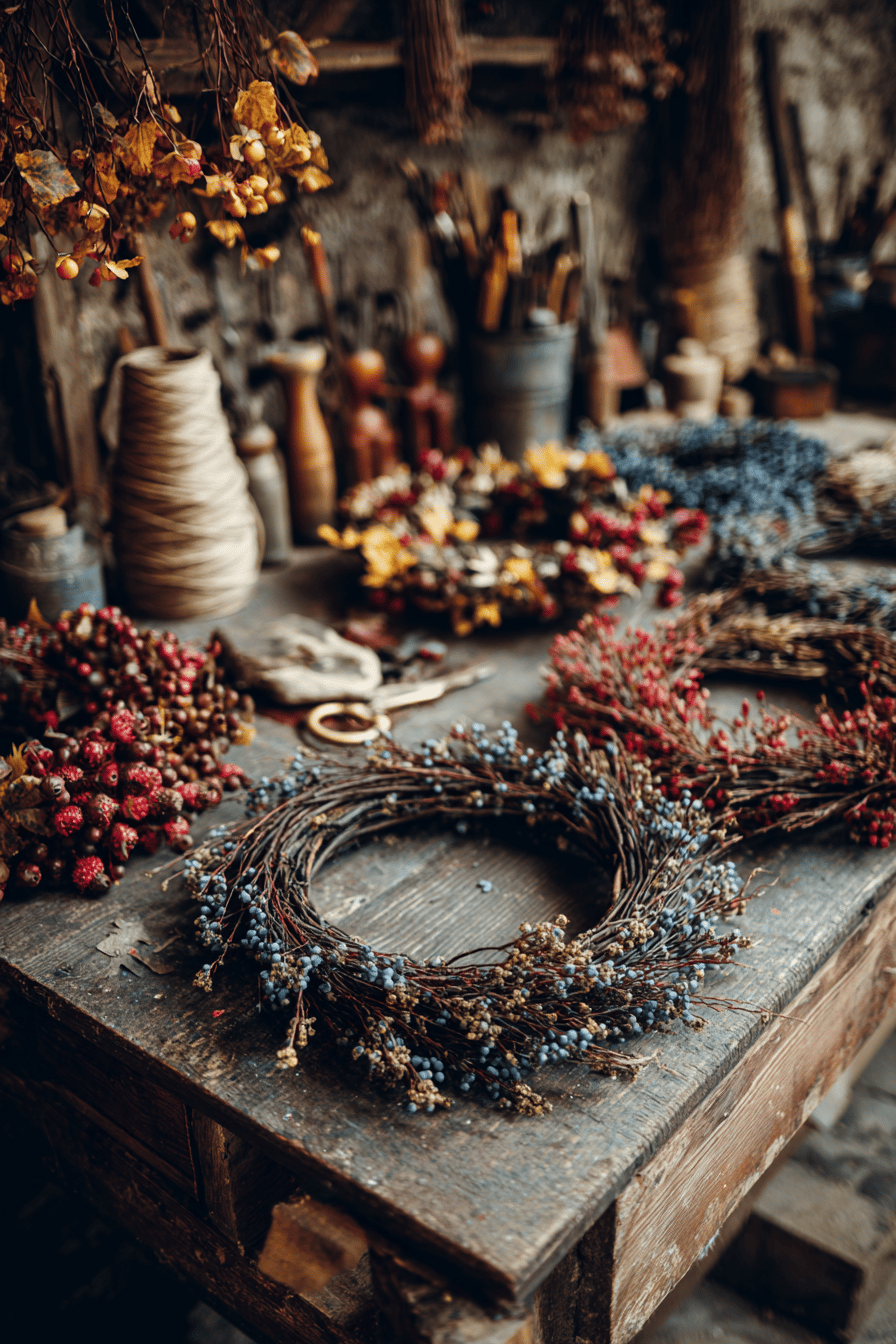 Ein Holztisch mit Materialien zur Herbstkranz-Herstellung, einschließlich Beeren, Zweigen und Bändern.