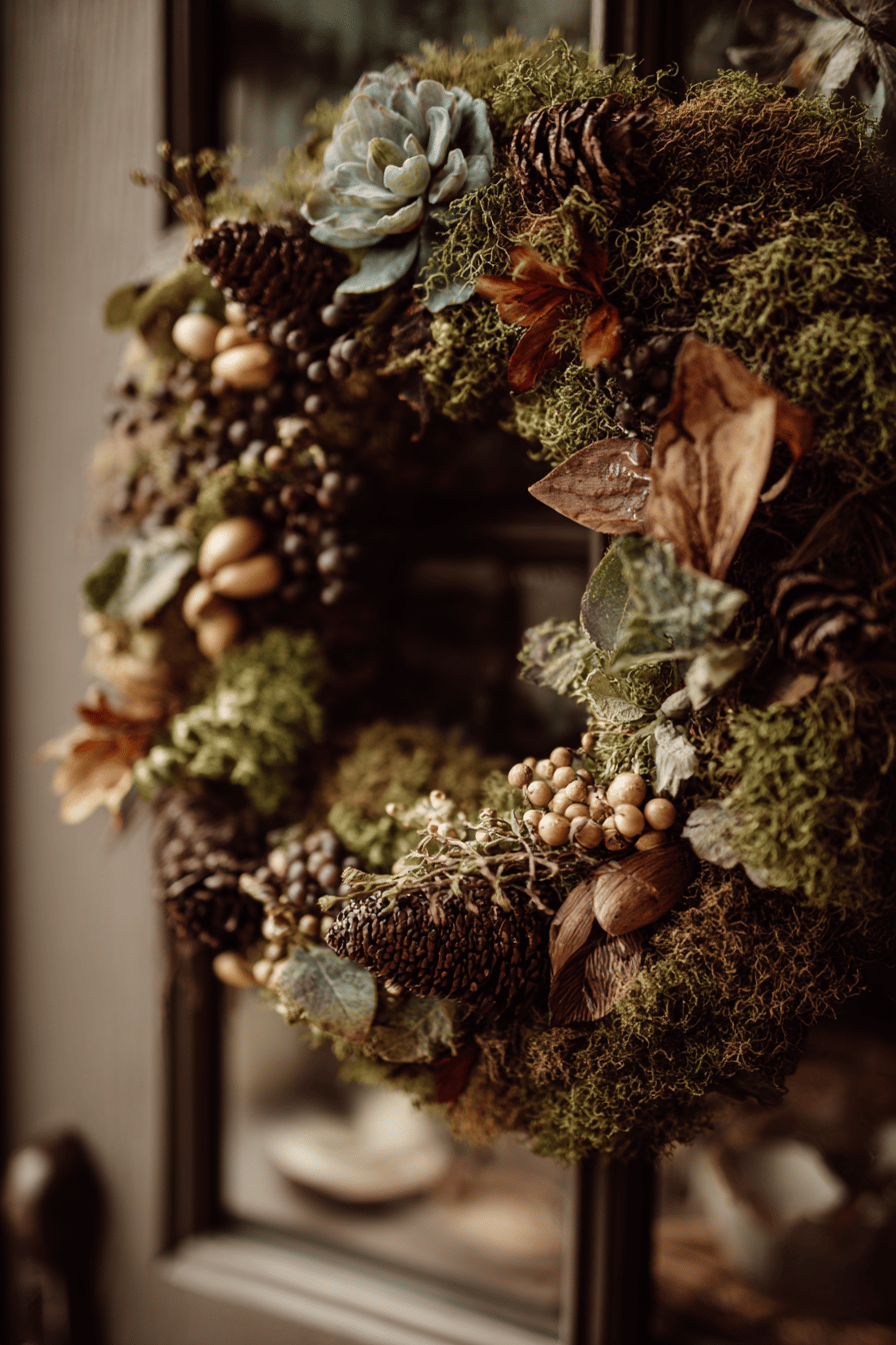 Ein dichter Herbstkranz aus Moos, Tannenzapfen und getrockneten Beeren an einer Tür.
