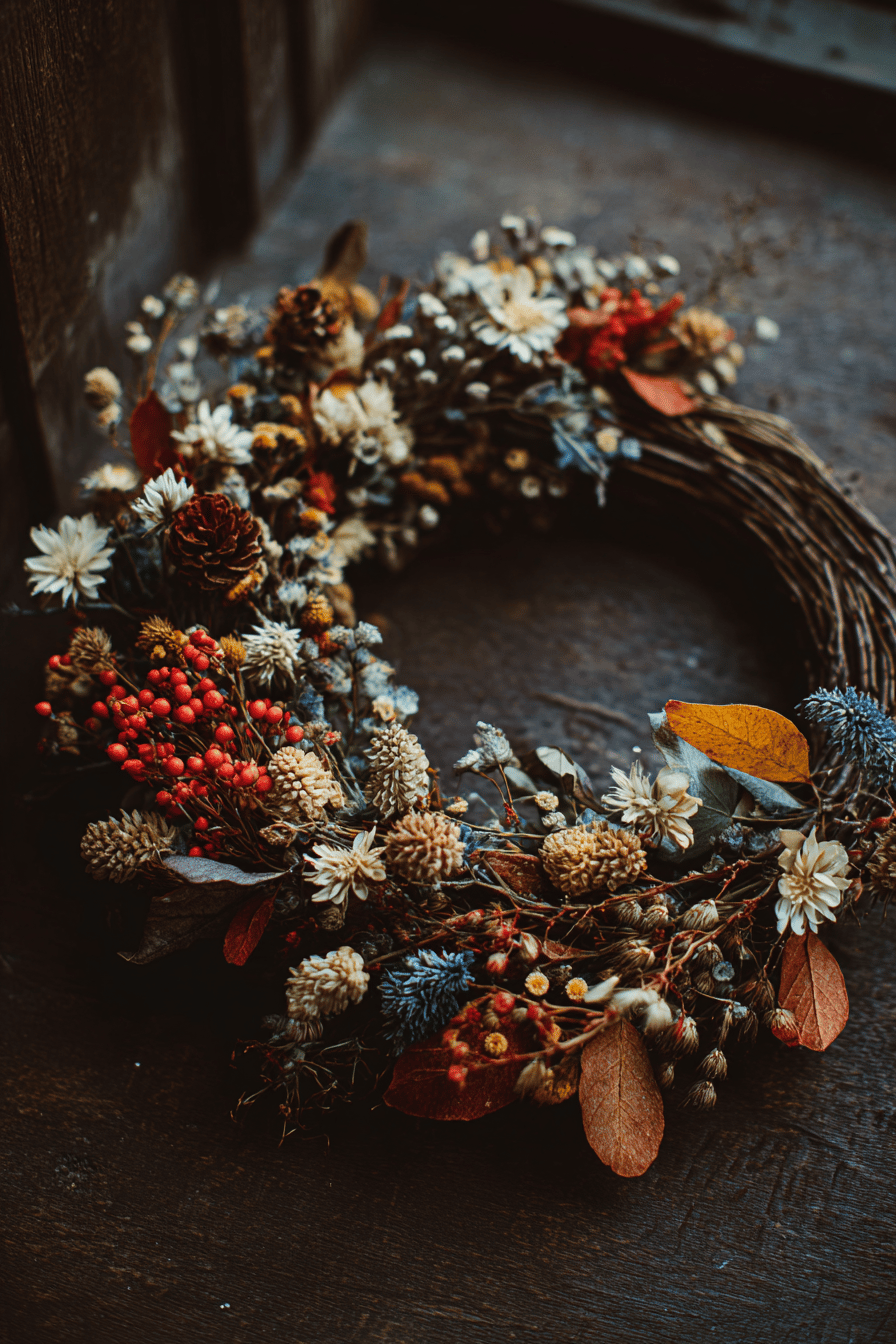 Ein Herbstkranz aus verschiedenen getrockneten Blumen, kleinen Beeren und Blättern.