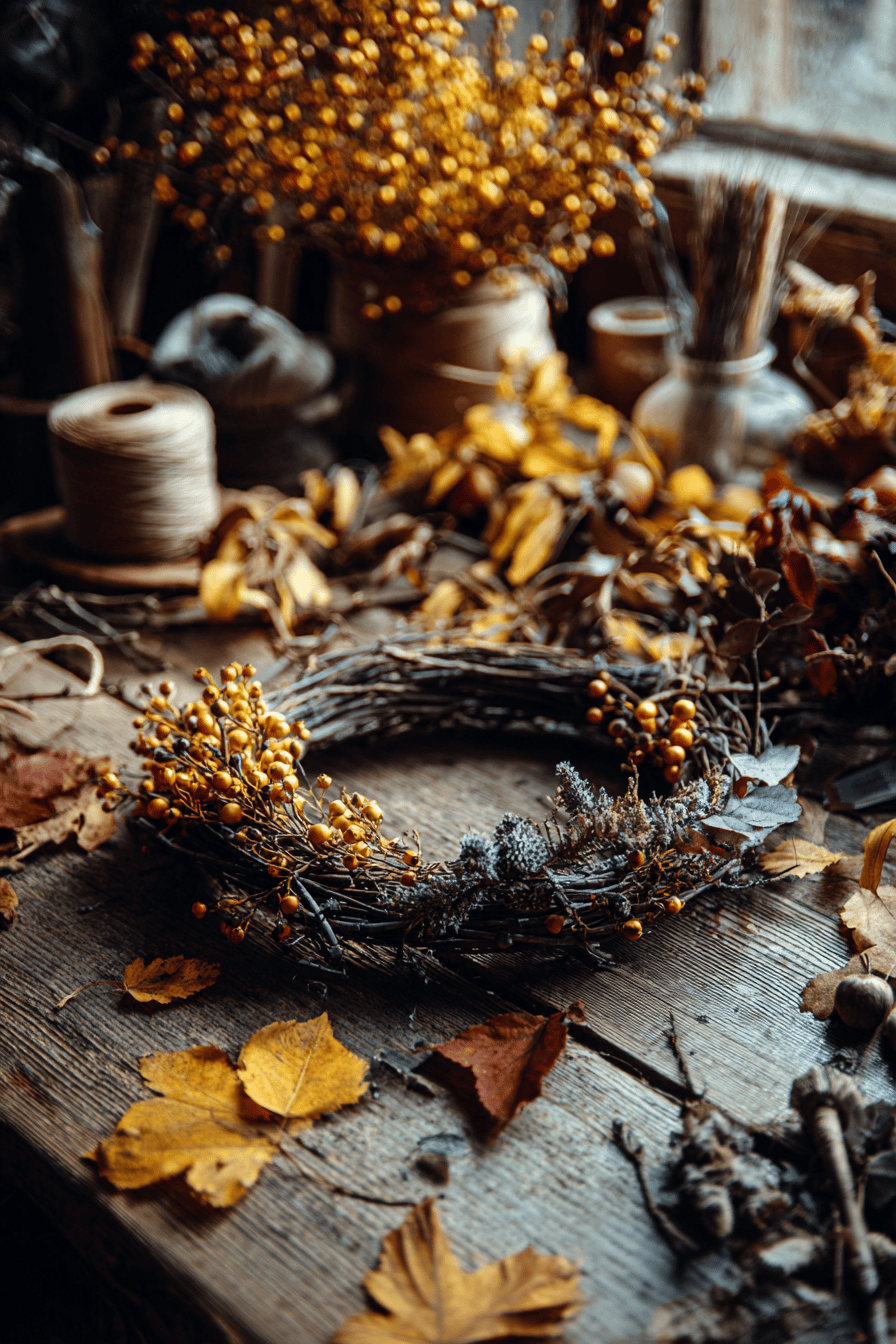 Ein rustikaler Herbstkranz auf einem Tisch, verziert mit gelben Beeren und Herbstblättern.