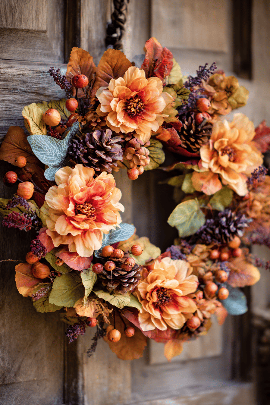 Ein bunter Herbstkranz mit Blüten und Zapfen an einer Tür.