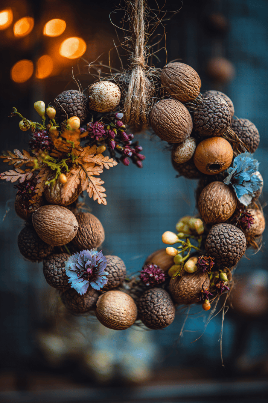Ein Herbstkranz aus Nüssen, Blättern und Blumen, dekoriert mit Naturmaterialien.