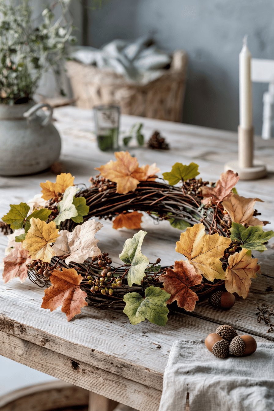 Ein herbstlicher Kranz aus Efeuranken und bunten Blättern auf einem Holztisch.
