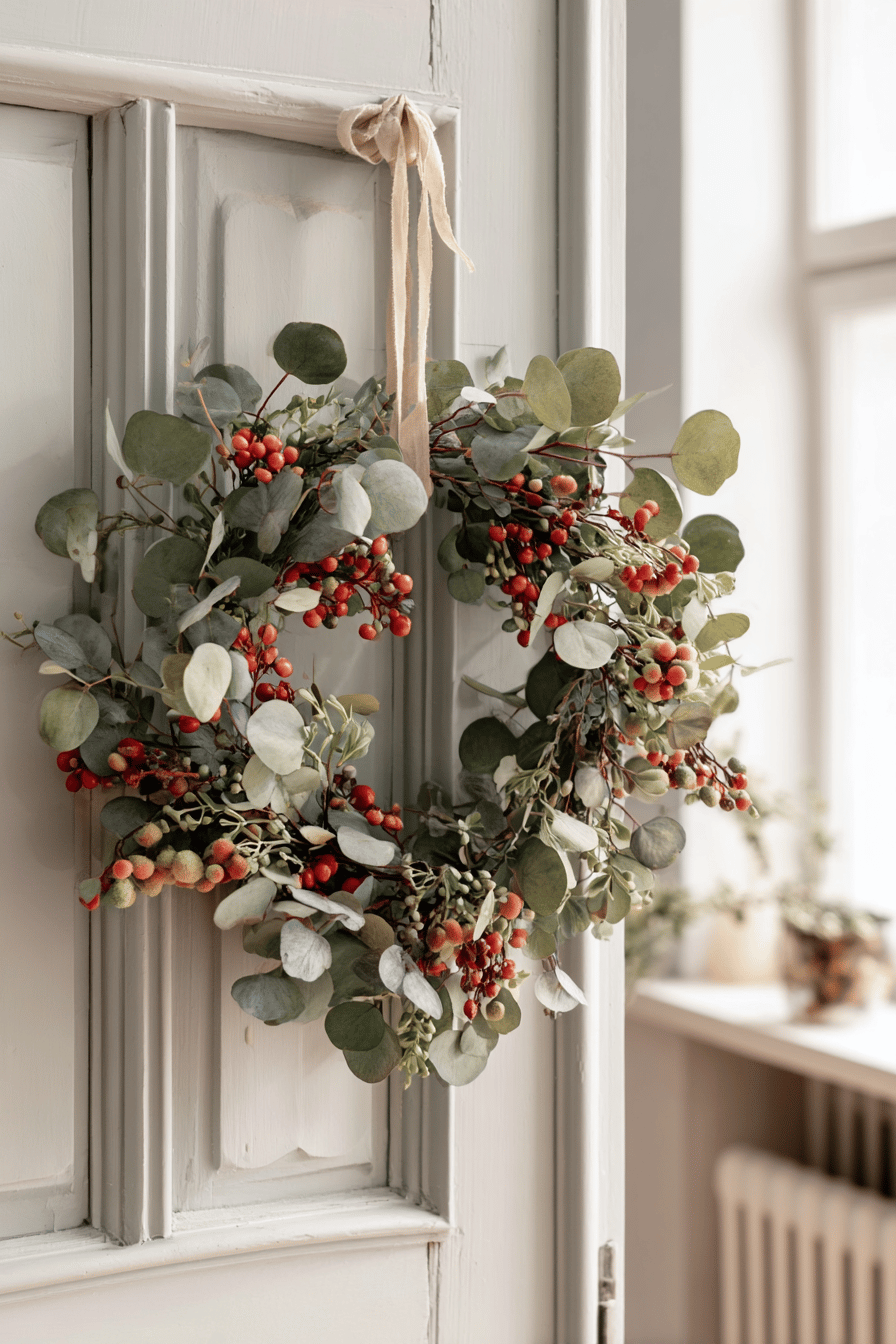 Türkranz aus Eukalyptusblättern und roten Beeren an einer Holztür.