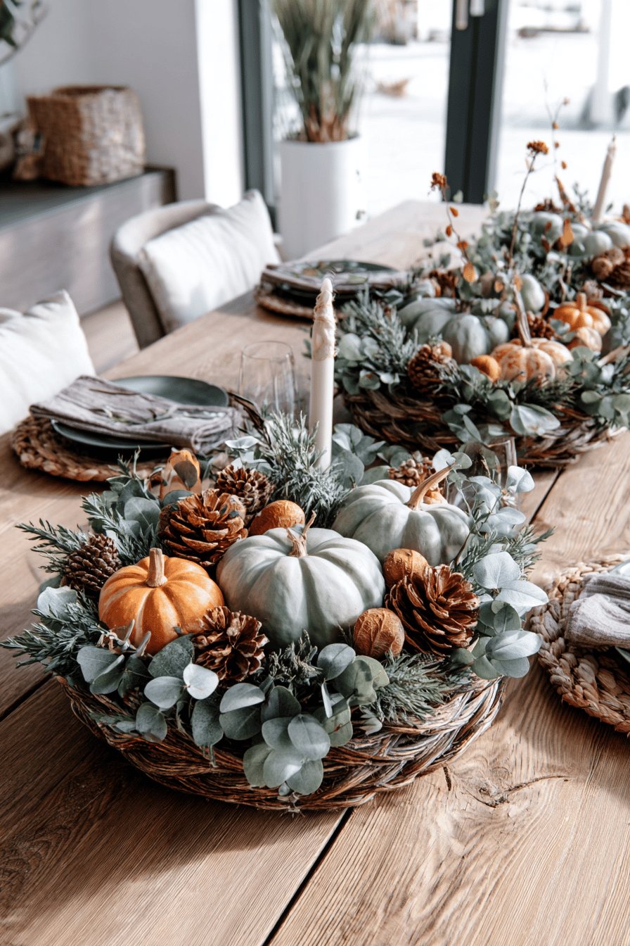 Herbstkränze mit Kürbissen, Eukalyptus und Tannenzapfen auf einem Tisch.