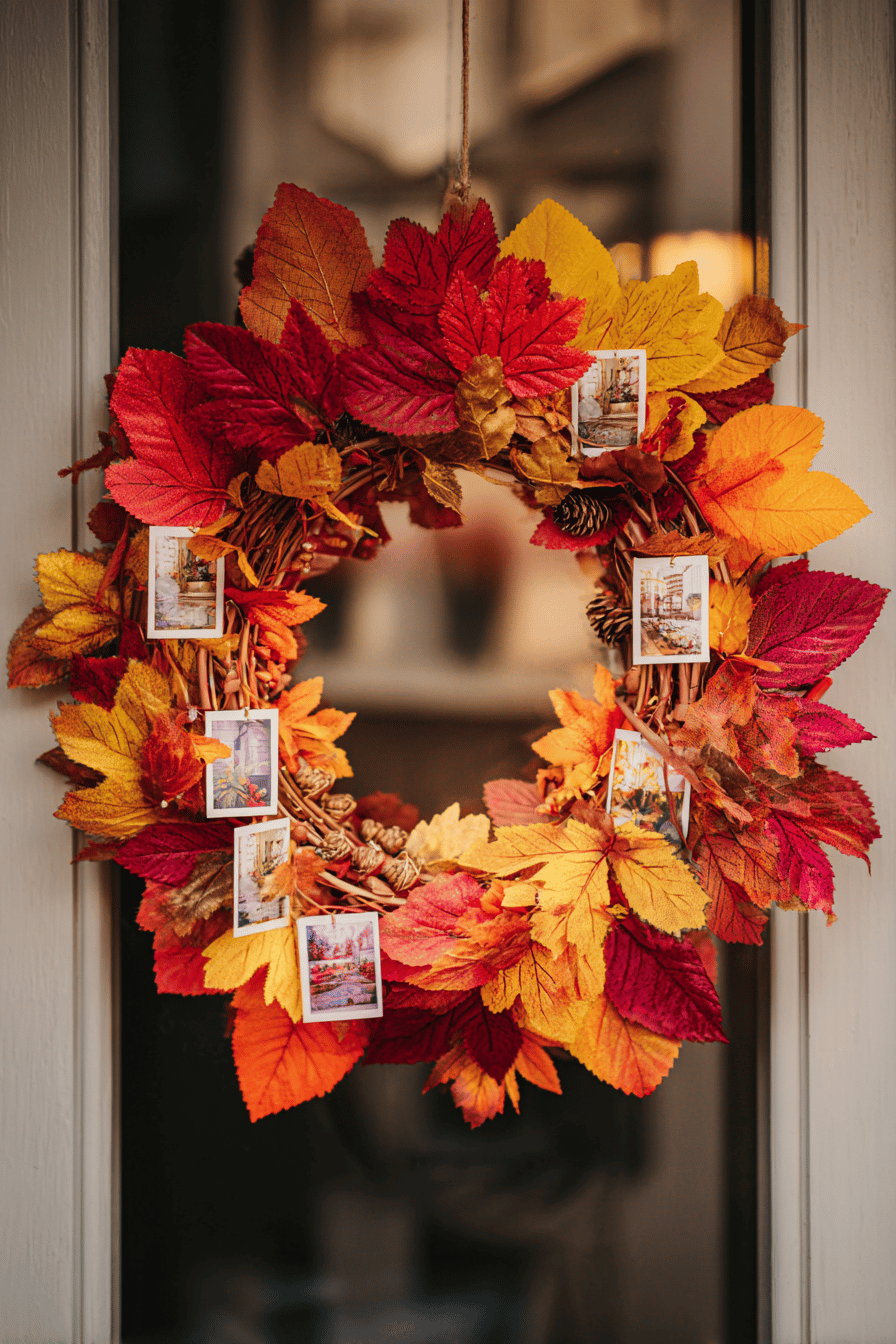 Ein Herbstkranz aus bunten Blättern mit kleinen Fotos dazwischen.