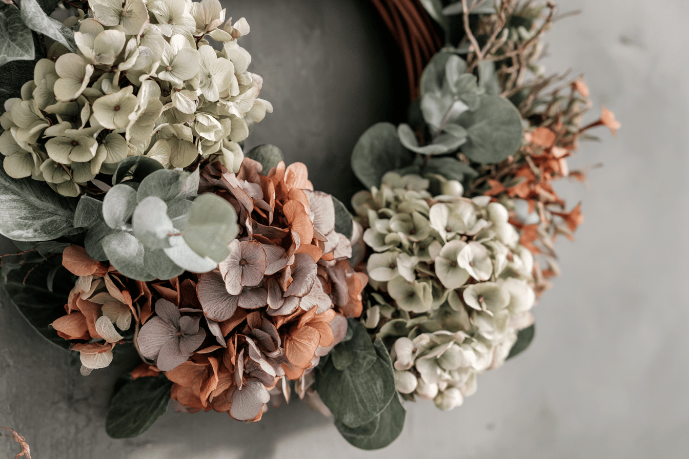 Nahaufnahme eines Blumenkranzes aus Hortensien