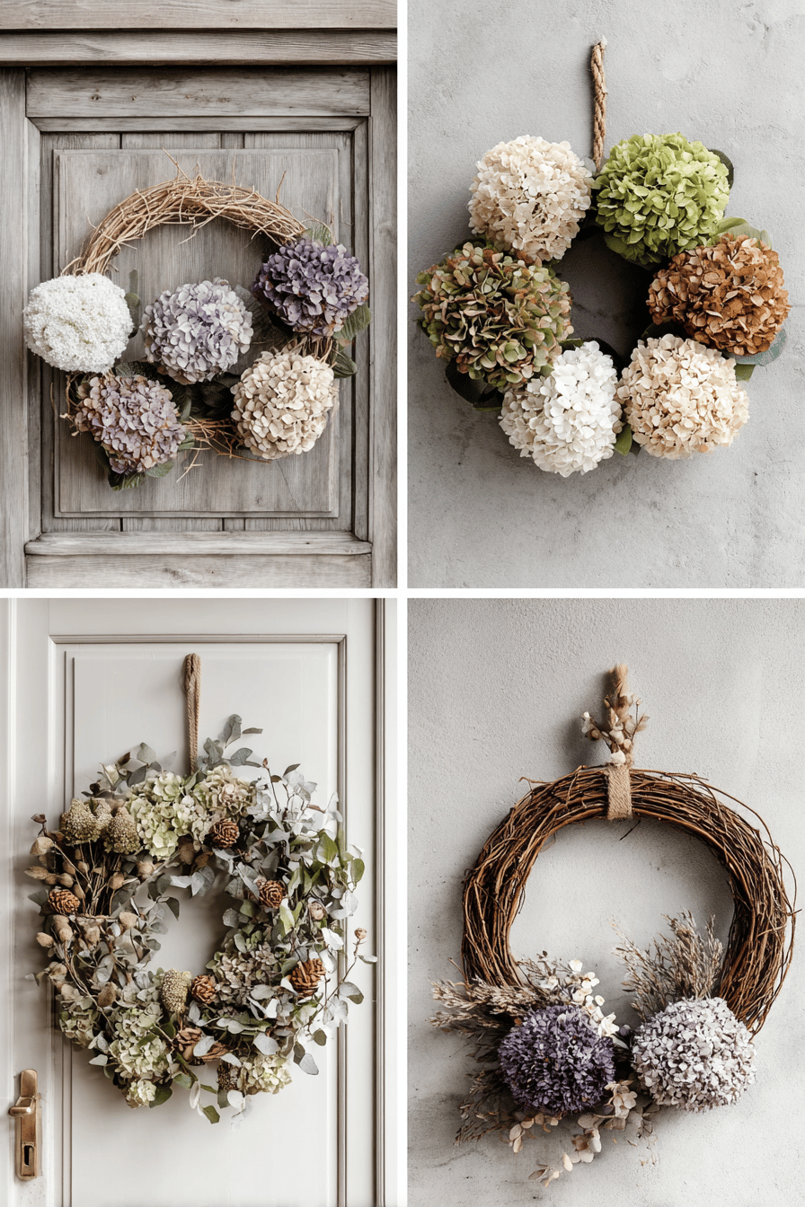 Vier verschiedene Hortensienkränze an unterschiedlichen Haustüren.