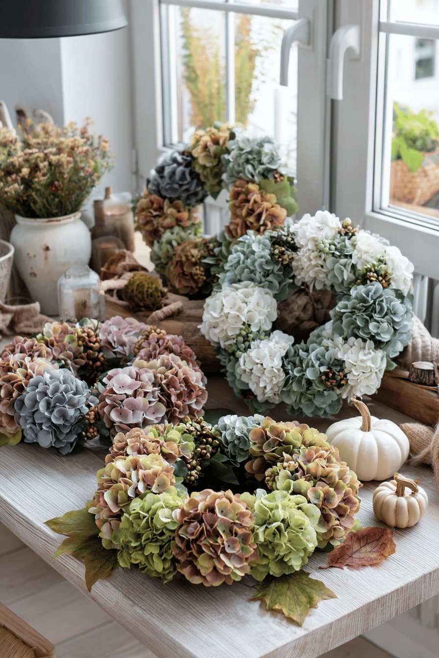 Ein Tisch mit verschiedenen Herbstkränzen aus Hortensien in Pastell- und Erdtönen.