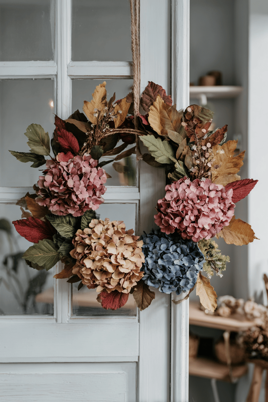 Ein Herbstkranz aus getrockneten Hortensien und bunten Blättern an einer Tür.
