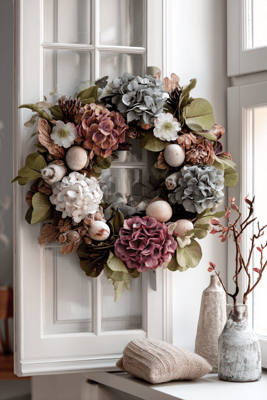 Ein dekorativer Herbstkranz mit bunten Hortensien und anderen Naturmaterialien an einer Tür.
