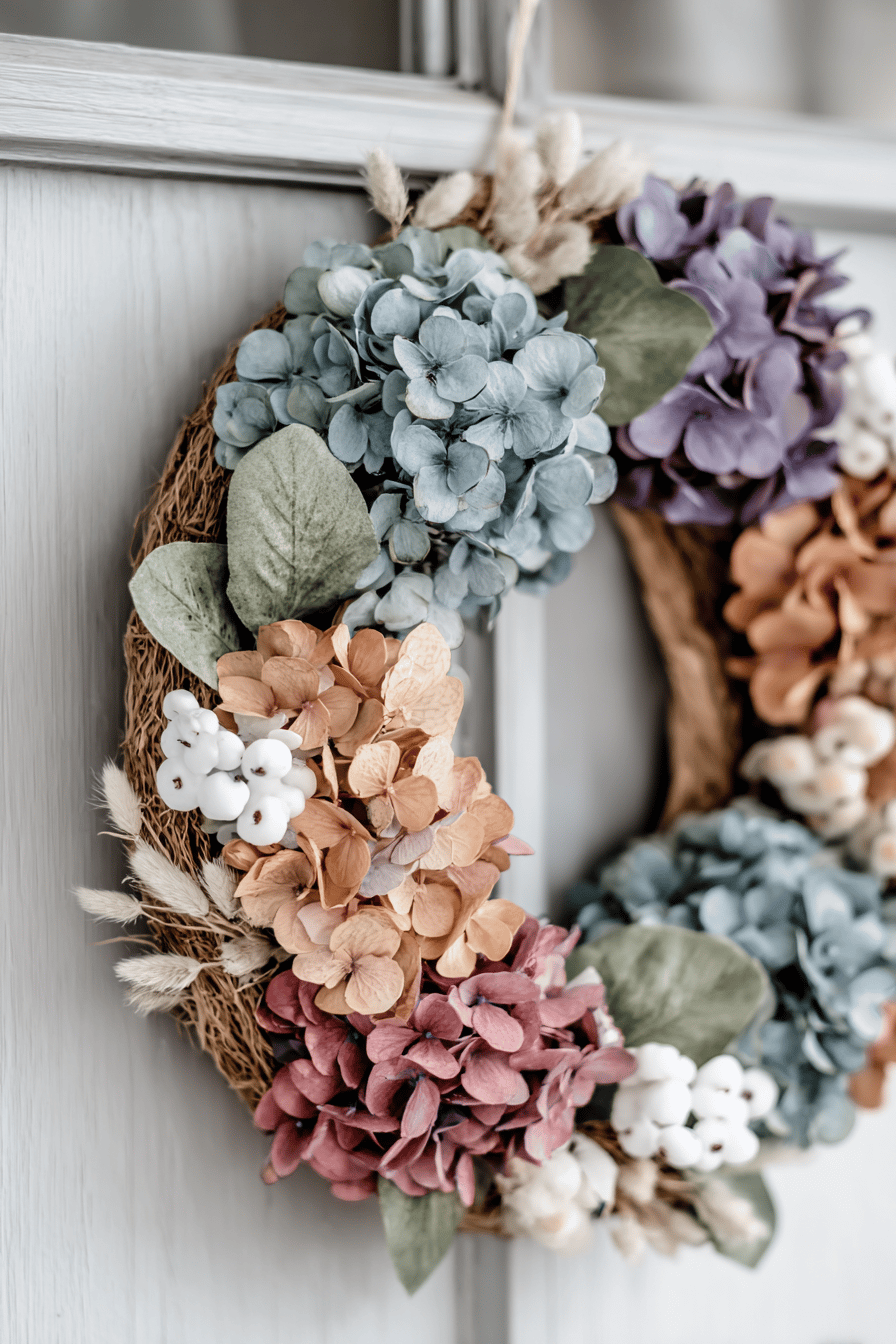 Nahaufnahme eines Herbstkranzes aus getrockneten Hortensien in verschiedenen Farben, geschmückt mit Blättern und weißen Beeren.