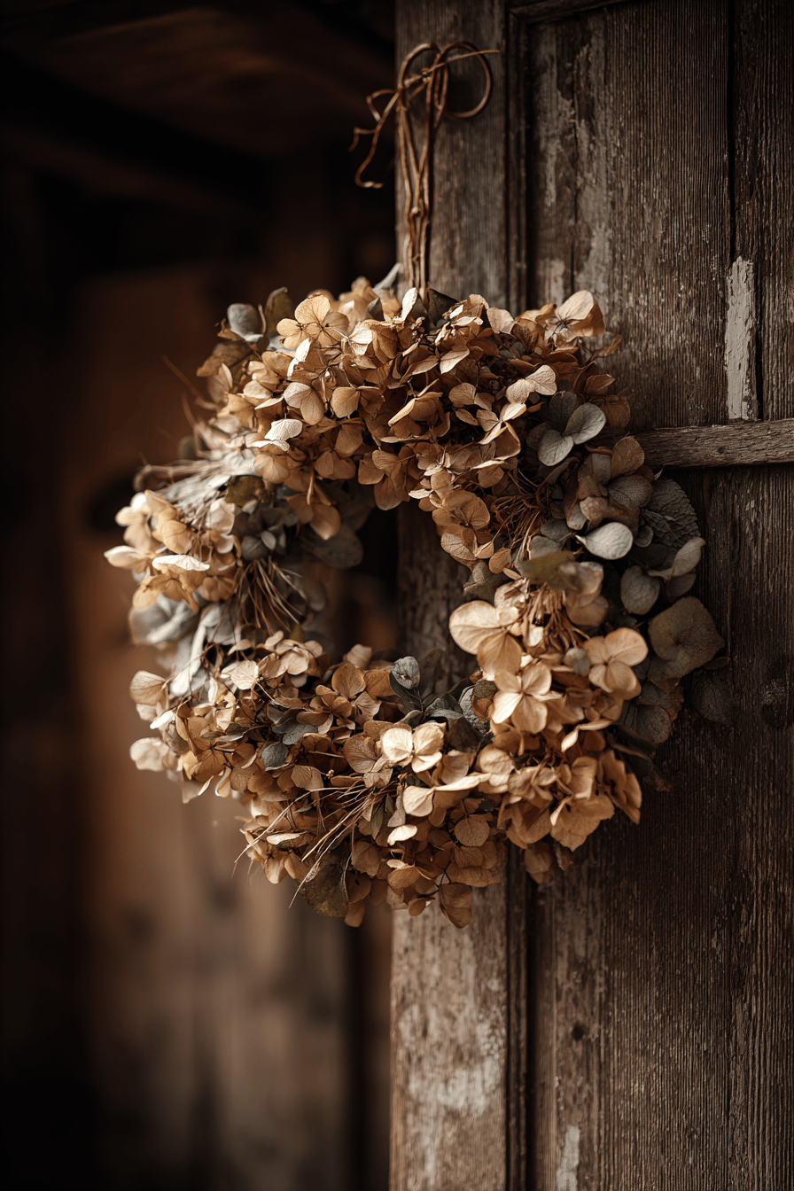 Ein Herbstkranz aus getrockneten Hortensien, der an einer Holztür hängt.