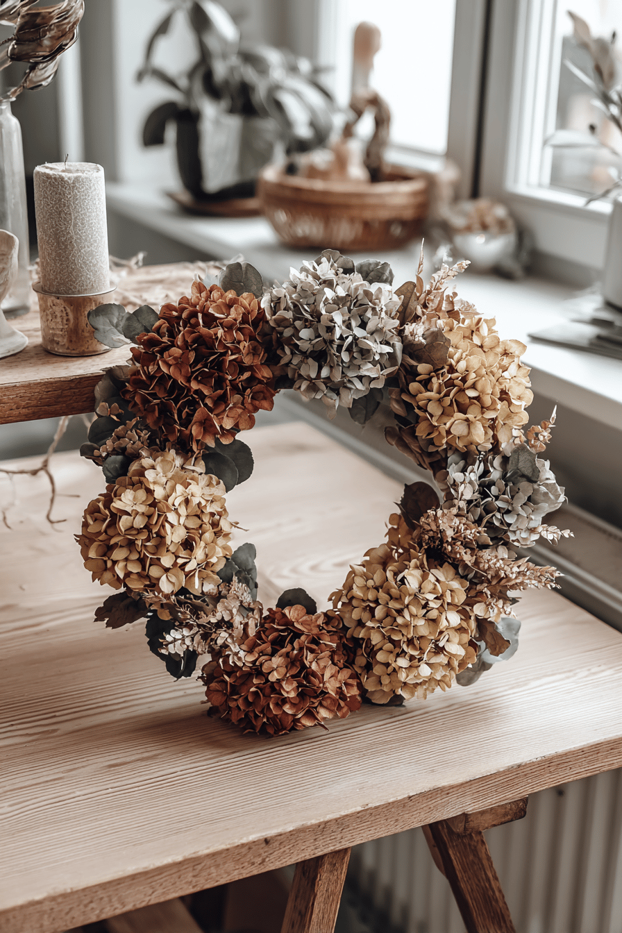 Ein herbstlicher Kranz aus getrockneten Hortensien auf einem Holztisch.