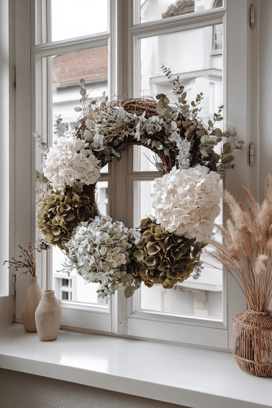 Ein herbstlicher Kranz mit weißen und grünen Hortensienblüten an einem Fenster.