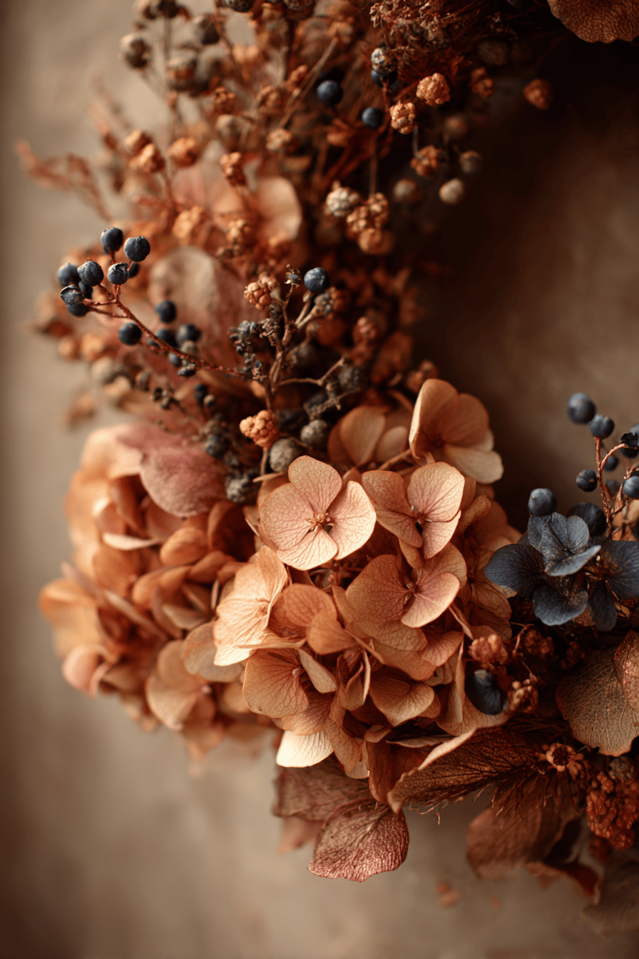 Ein dekorativer Herbstkranz mit getrockneten Hortensien und Beeren in warmen Erdtönen.
