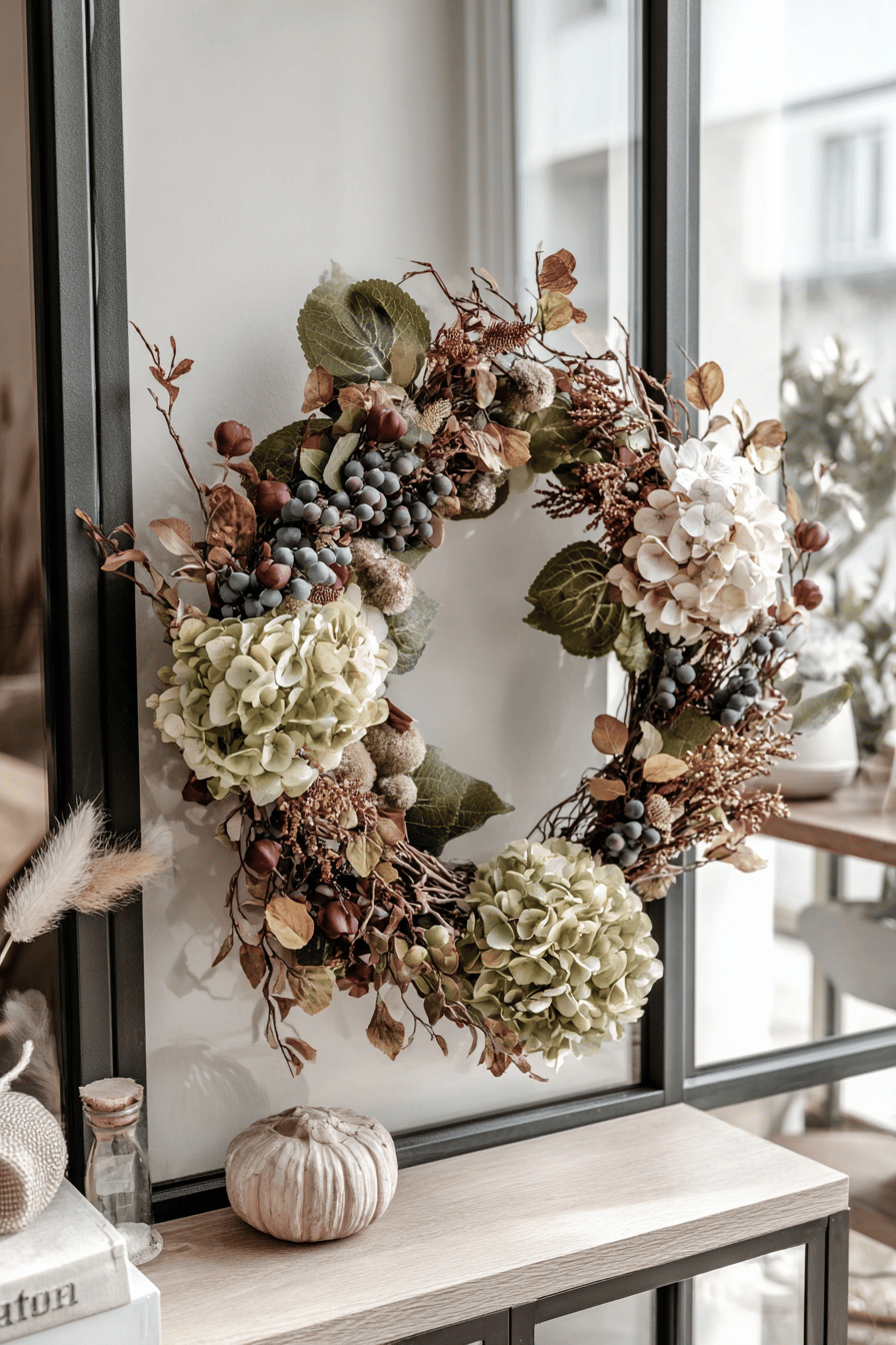 Ein herbstlicher Kranz mit Hortensien und Beeren dekoriert an einem Fenster.
