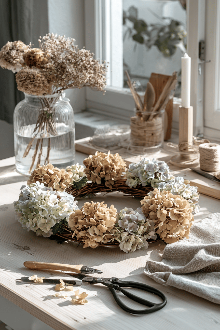Ein DIY-Herbstkranz mit getrockneten Hortensienblüten und Werkzeug auf einem Holztisch.