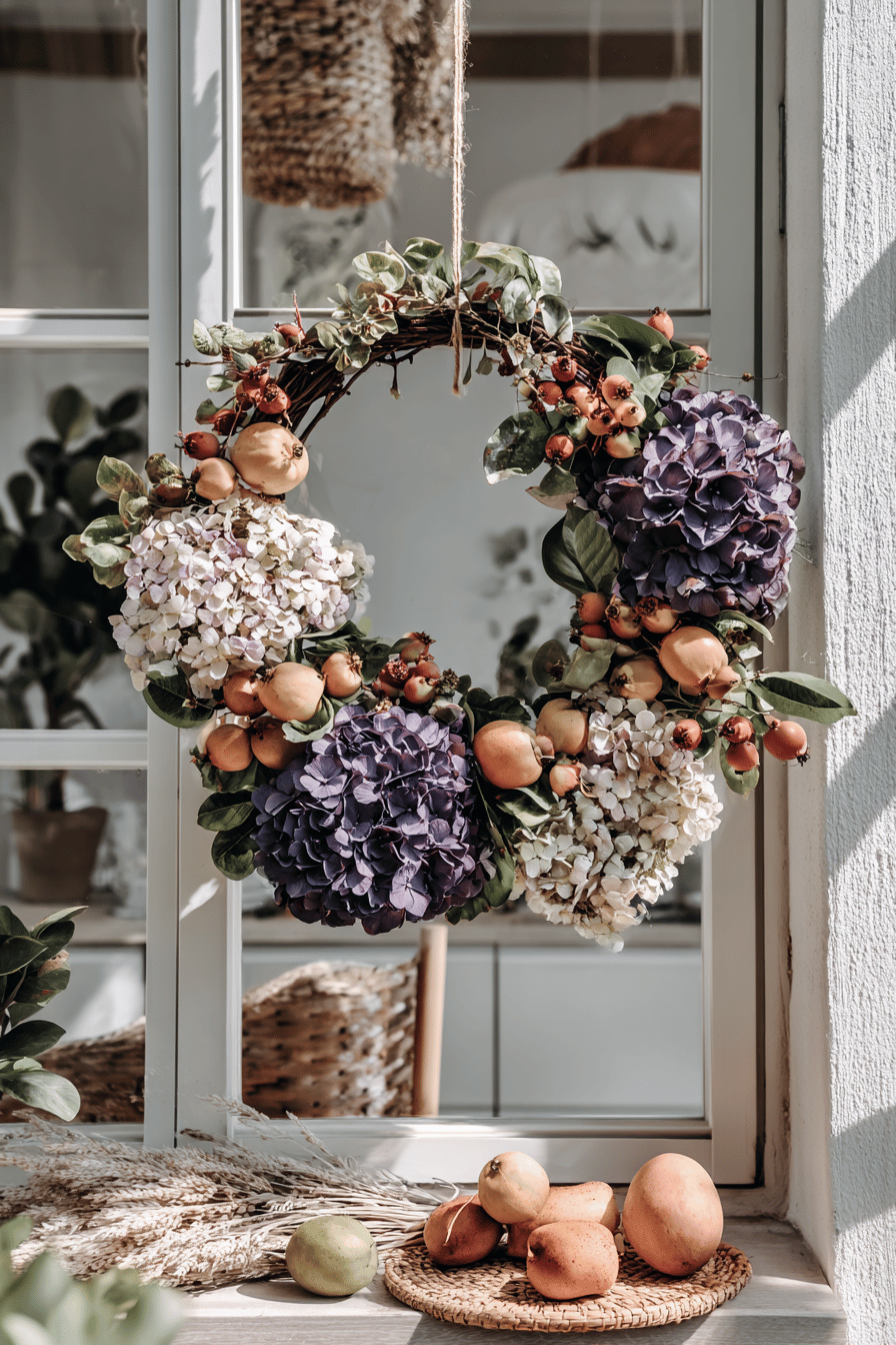 Ein dekorativer Herbstkranz mit weißen und violetten Hortensien, Hagebutten und Früchten, aufgehängt vor einem Fenster.