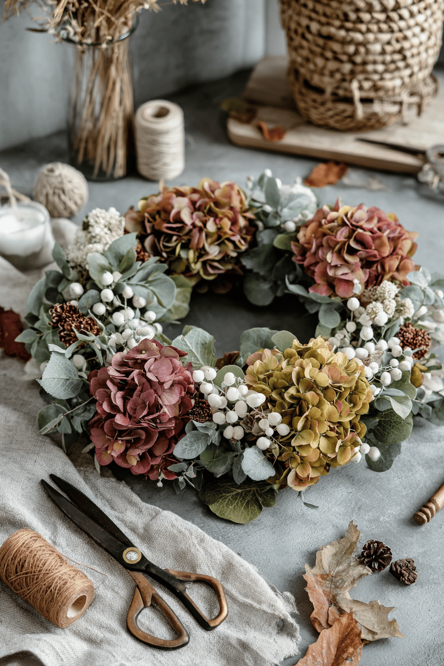 Ein herbstlicher Kranz aus bunten Hortensien, umgeben von Bastelmaterialien wie Schere, Faden und Blättern.