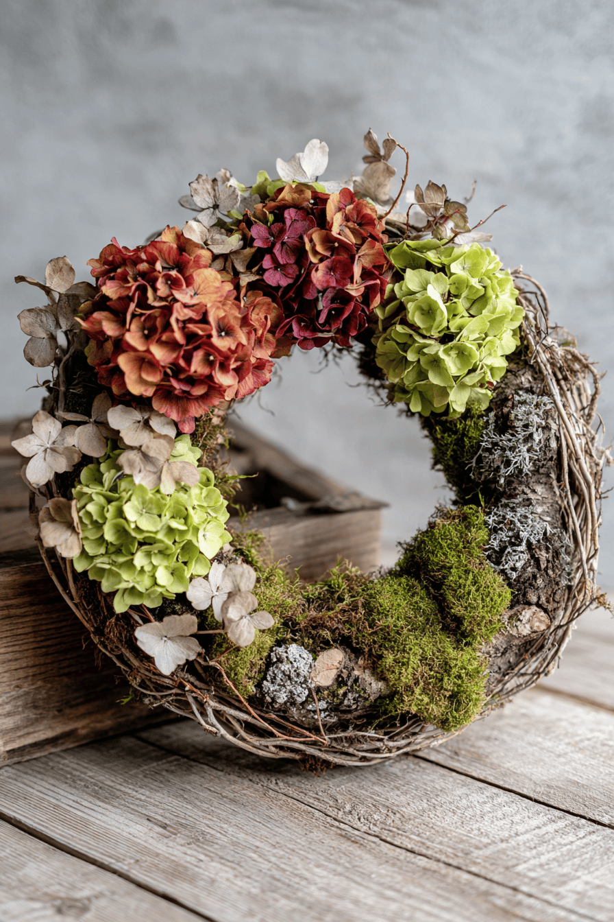 Ein rustikaler Herbstkranz aus Hortensien, Moos und Zweigen auf einem Holztisch.