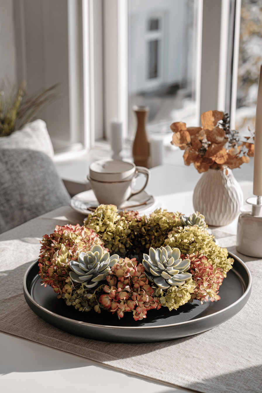 Ein herbstlicher Hortensienkranz mit Sukkulenten auf einem Tisch im Sonnenlicht.