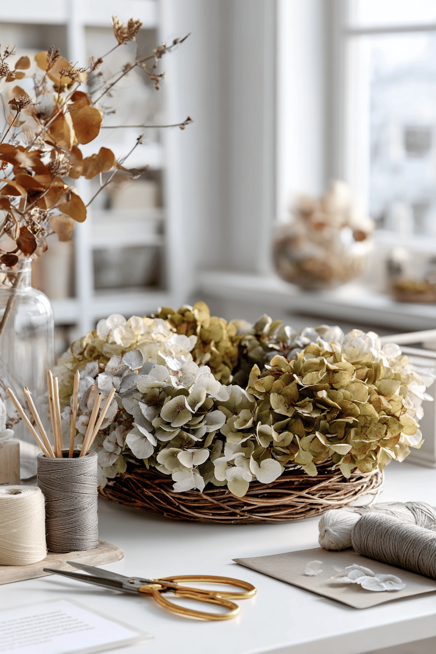 Ein Herbstkranz aus Hortensien auf einem Tisch mit Bastelmaterialien.
