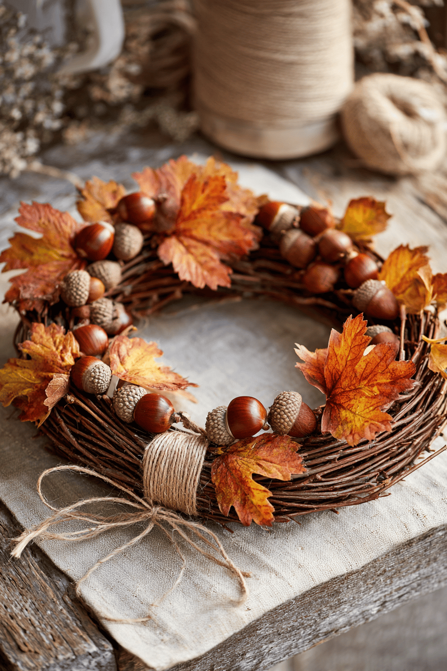 Ein Herbstkranz aus Zweigen, geschmückt mit Kastanien, Eicheln und bunten Blättern.