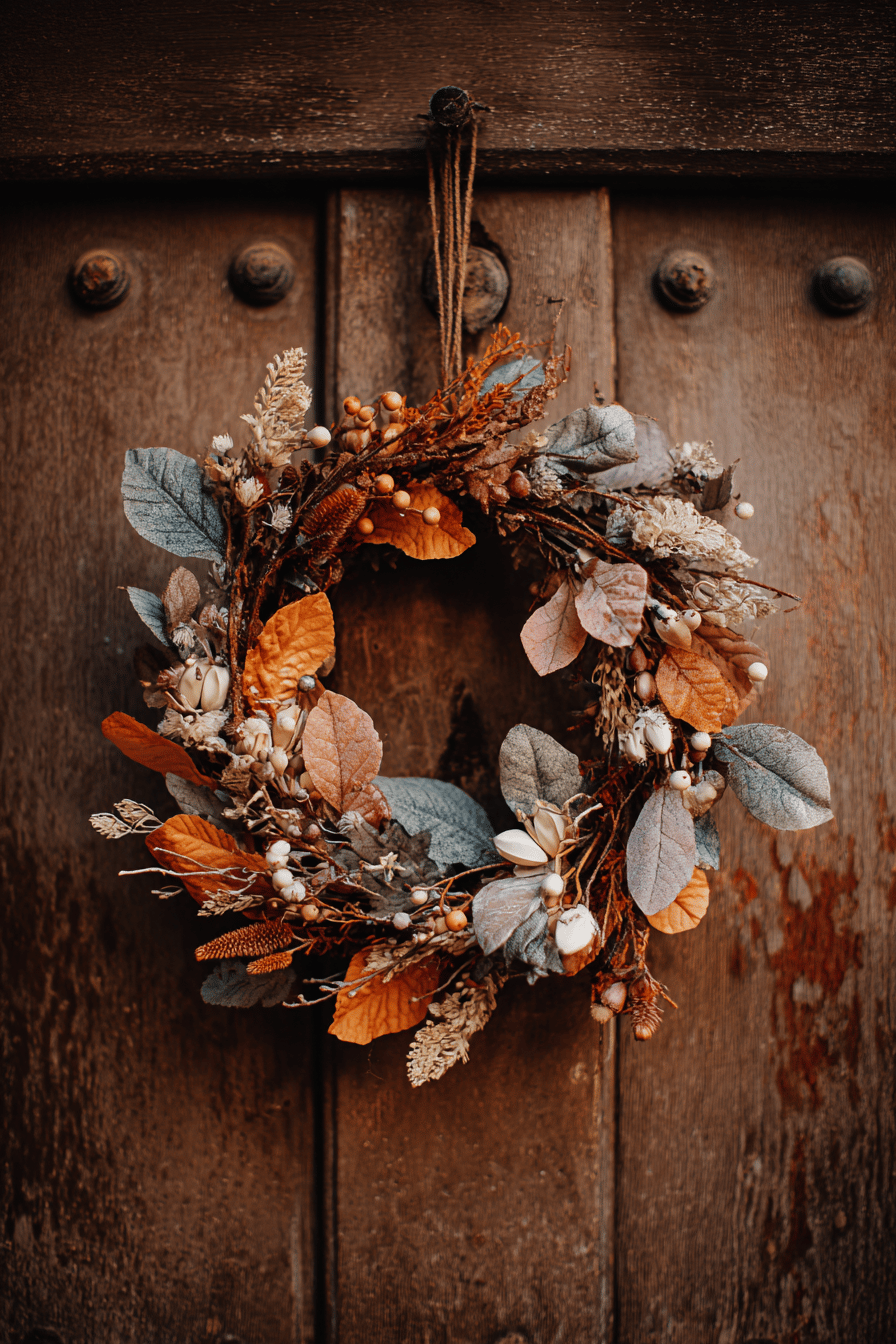Ein herbstlicher Kranz mit natürlichen Farben vor einer Holztür.