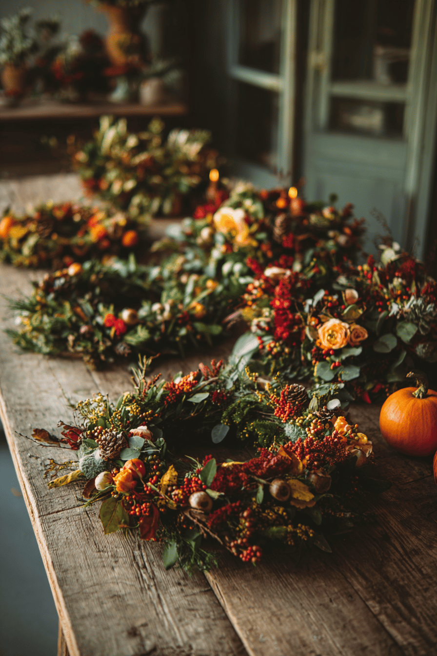 Ein rustikaler Tisch mit herbstlichen Kränzen aus Blumen, Blättern und Kürbissen.