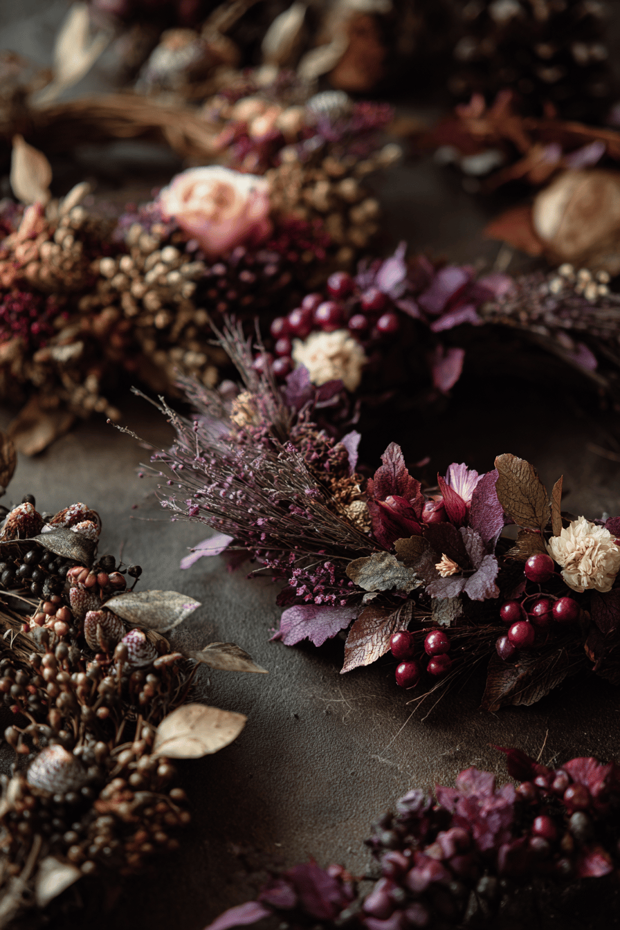 Ein kunstvoller Herbstkranz aus Trockenblumen und Beeren in warmen Tönen.