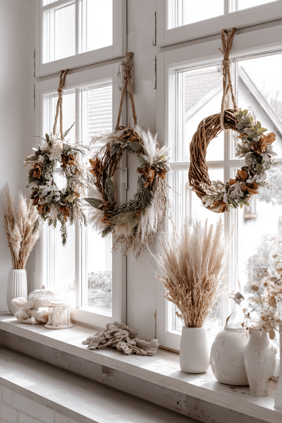 Drei Herbstkränze aus Weidenzweigen und Gräsern hängen an einem Fenster, flankiert von getrockneten Gräsern in schlichten Vasen.