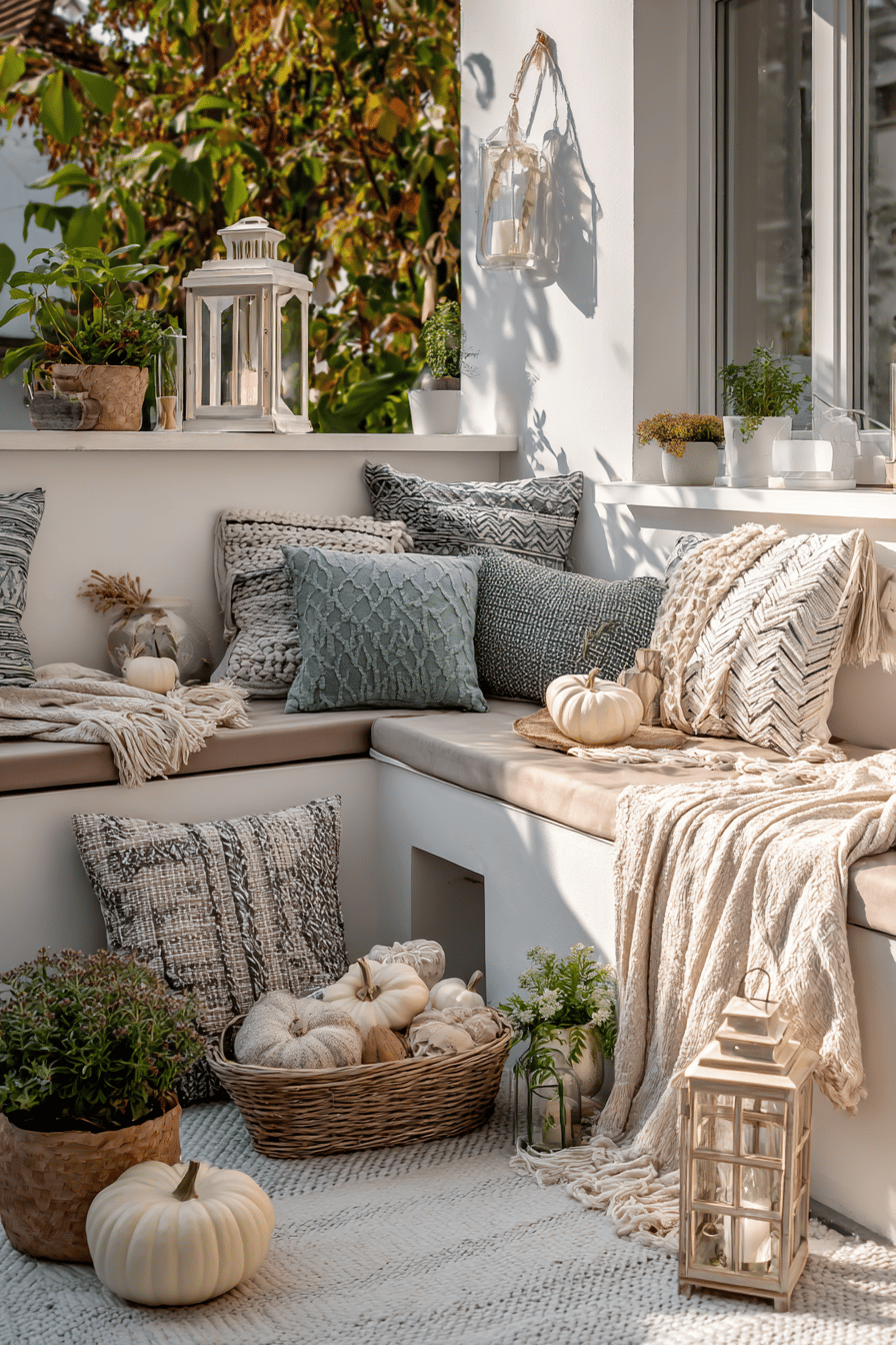 Gemütlich eingerichtete Terrasse mit Kissen, Decken und Kürbissen in herbstlichen Farben.