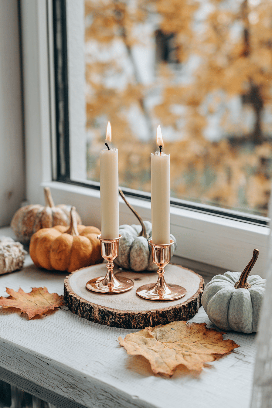 Zwei brennende Kerzen in kupferfarbenen Haltern auf einer Fensterbank, umgeben von Kürbissen und Herbstblättern.